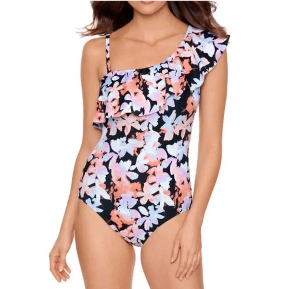 Time and Tru one shoulder ruffle floral swimsuit size large
